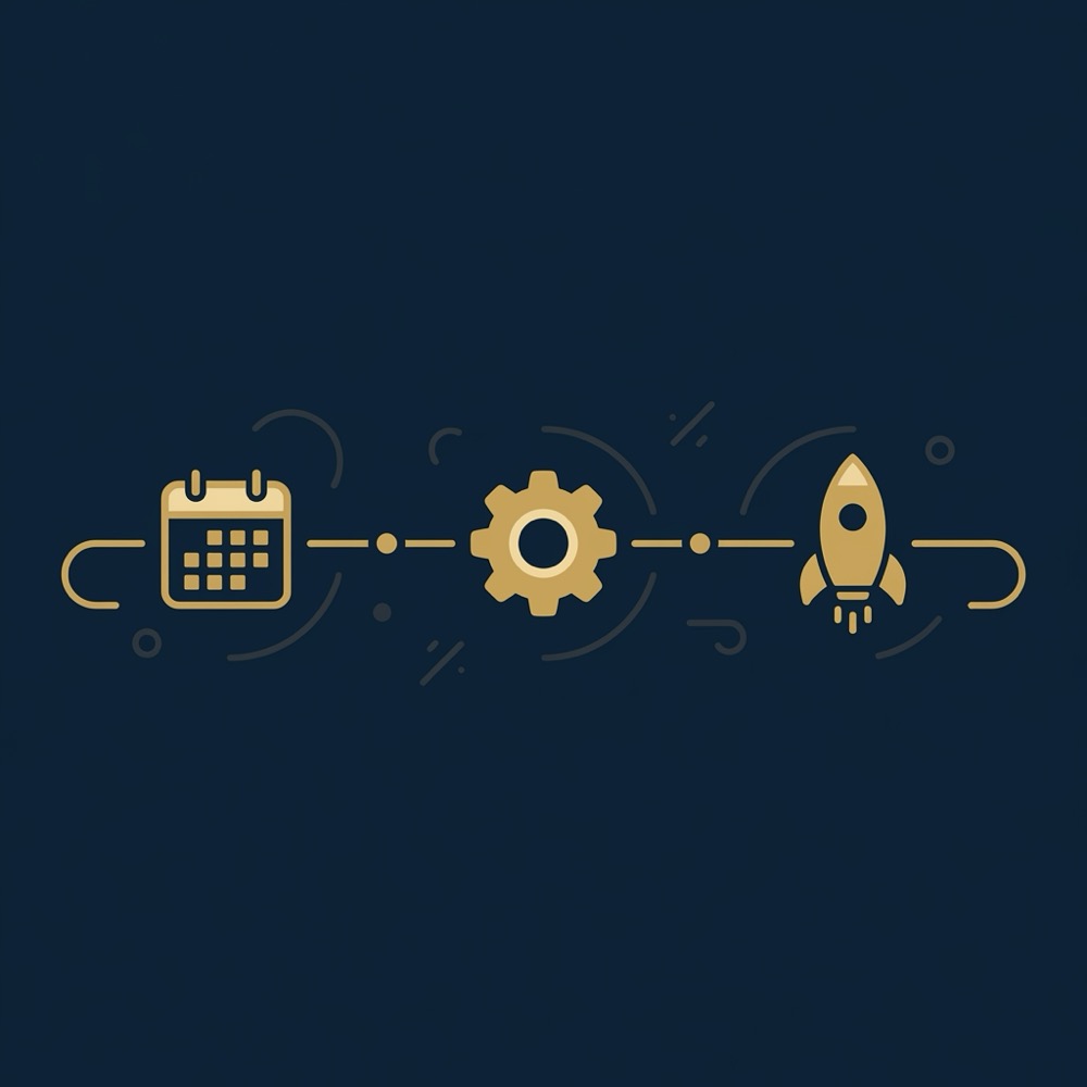 Minimal 2D vector timeline infographic showing a 30 to 90 day roadmap with three icon checkpoints on dark navy background to increase seo