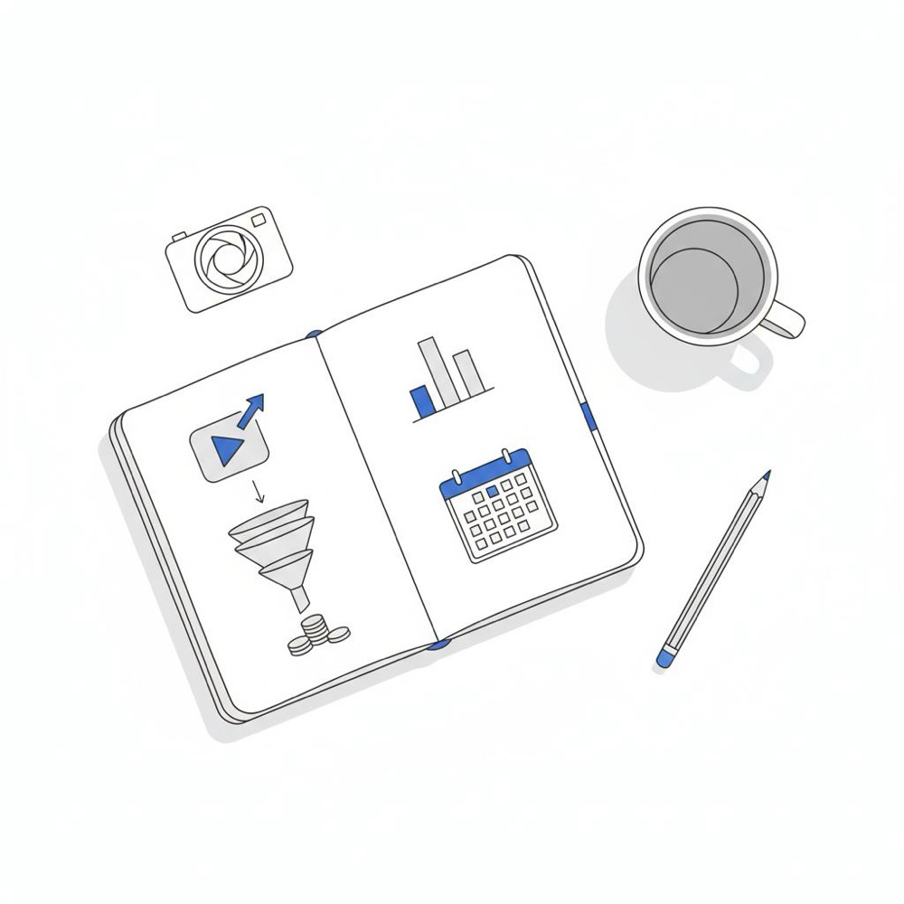 Flat-lay vector illustration of a notebook with sketches of TikTok monetization: a views-to-revenue funnel, content calendar grid, coin icons, camera lens and mug - How much do 10,000 views on TikTok pay?