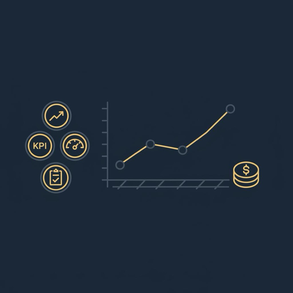 Minimal 2D vector dashboard infographic on dark navy background showing KPI icons, a small line chart and a money symbol in Orvus Ltd brand colors - SEO vs CEO