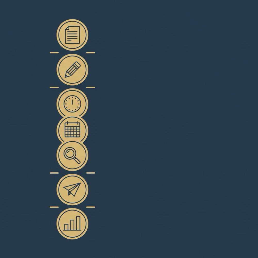 Minimal 2D vector infographic checklist with six clean bullet icons in Orvus Ltd. brand colors on deep blue background - how to write an article