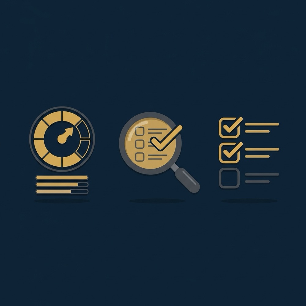 Minimal 2D vector infographic showing quota gauge audit check and checklist icons in Orvus deep navy and warm gold for mozpro article