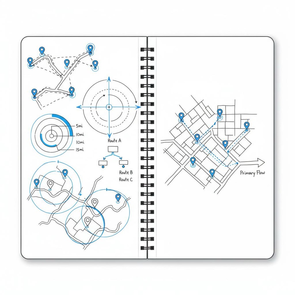 Notebook-style contractor service area map with hand-drawn neighborhoods, pins, travel-radius circles and route lines - is yelp free for contractors?