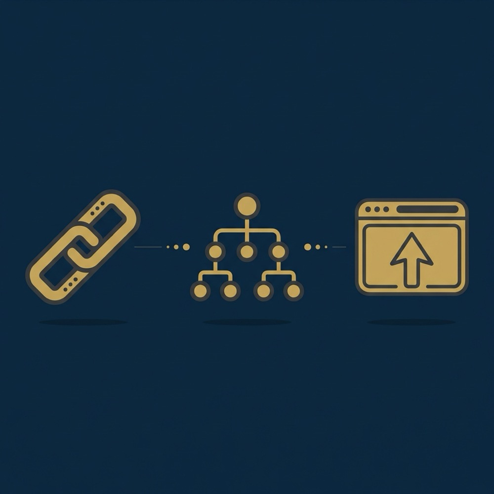 Minimalist 2D vector infographic showing three crawling seo discovery paths represented by a chain link icon a sitemap tree icon and a browser window with an arrow on a dark blue background