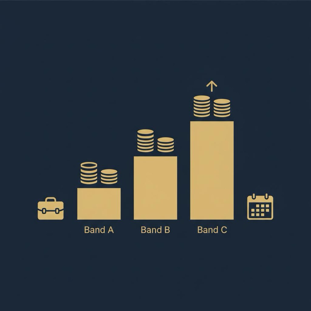 Minimal 2D vector infographic showing three stepped bars and coin-stack icons to illustrate monthly seo cost tiers, using deep navy background and Orvus Ltd brand colors.