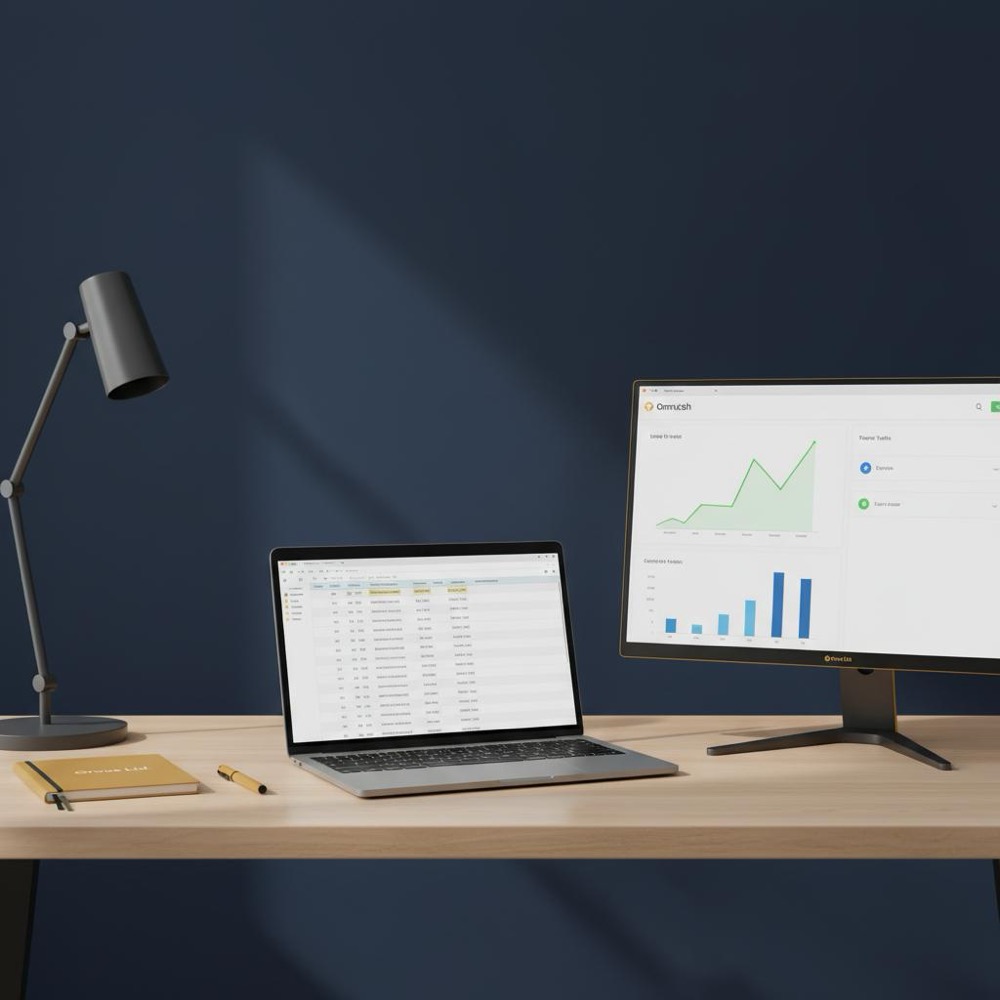 Workspace photo with laptop showing cleaned CSV and a second monitor displaying a SEMrush report visualization, Orvus Ltd. accents, for ChatGPT competitor analysis.