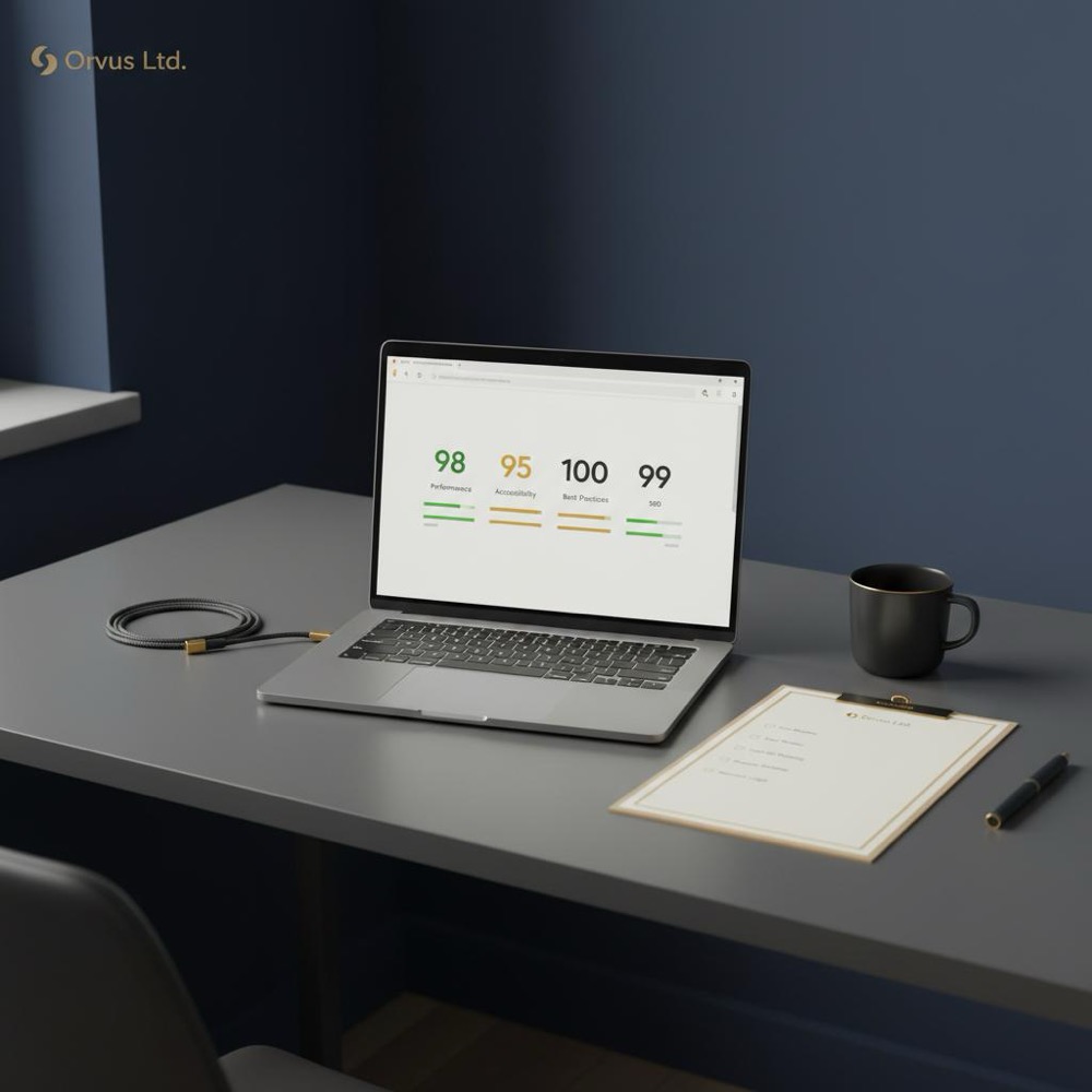 Minimalist developer workspace with laptop showing Google Lighthouse score and printed checklist, highlighting technical SEO details with Orvus Ltd. color accents.