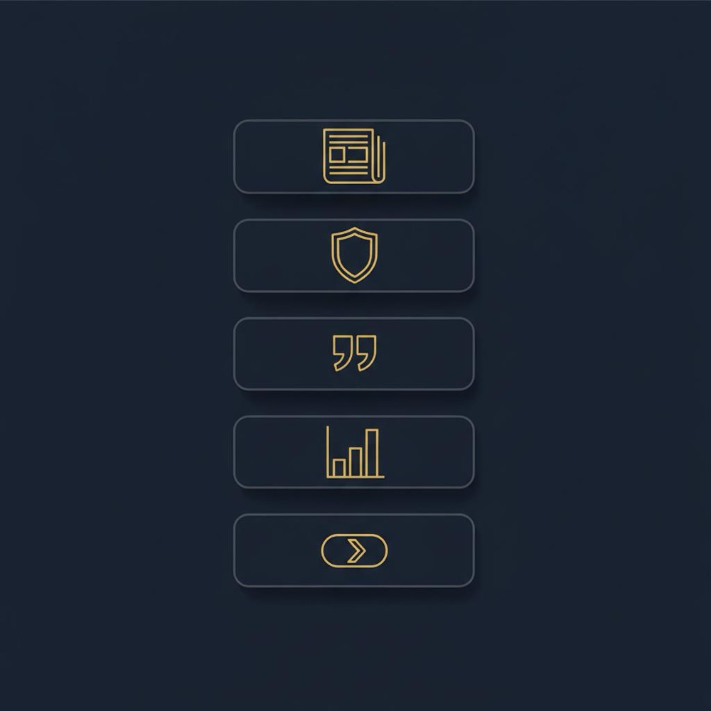 Minimal 2D vector infographic of six stacked blocks with icons for headline, disclosure, lead, evidence, product role and CTA on deep navy background - how to write an advertorial