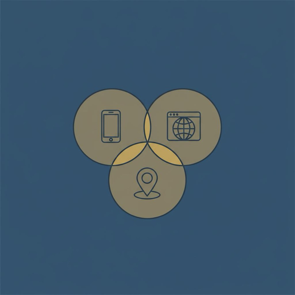 Minimal vector Venn diagram of app, web and regional traffic overlaps for most visited websites using Orvus Ltd brand colors #0B1E33, #C8A45D and #2E3237.