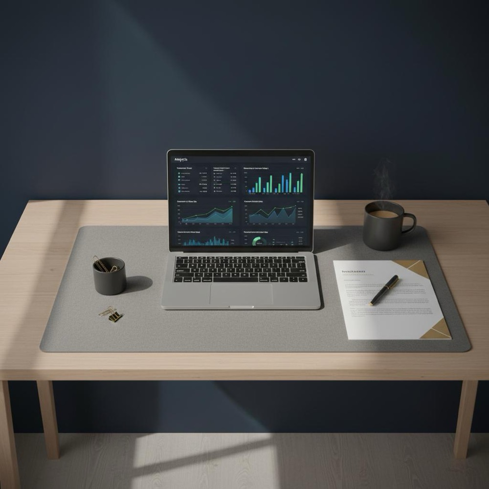 Tidy modern desk with laptop showing analytics dashboard and printed proposal, gold accents (#C8A45D), natural light - seo agency pricing concept.