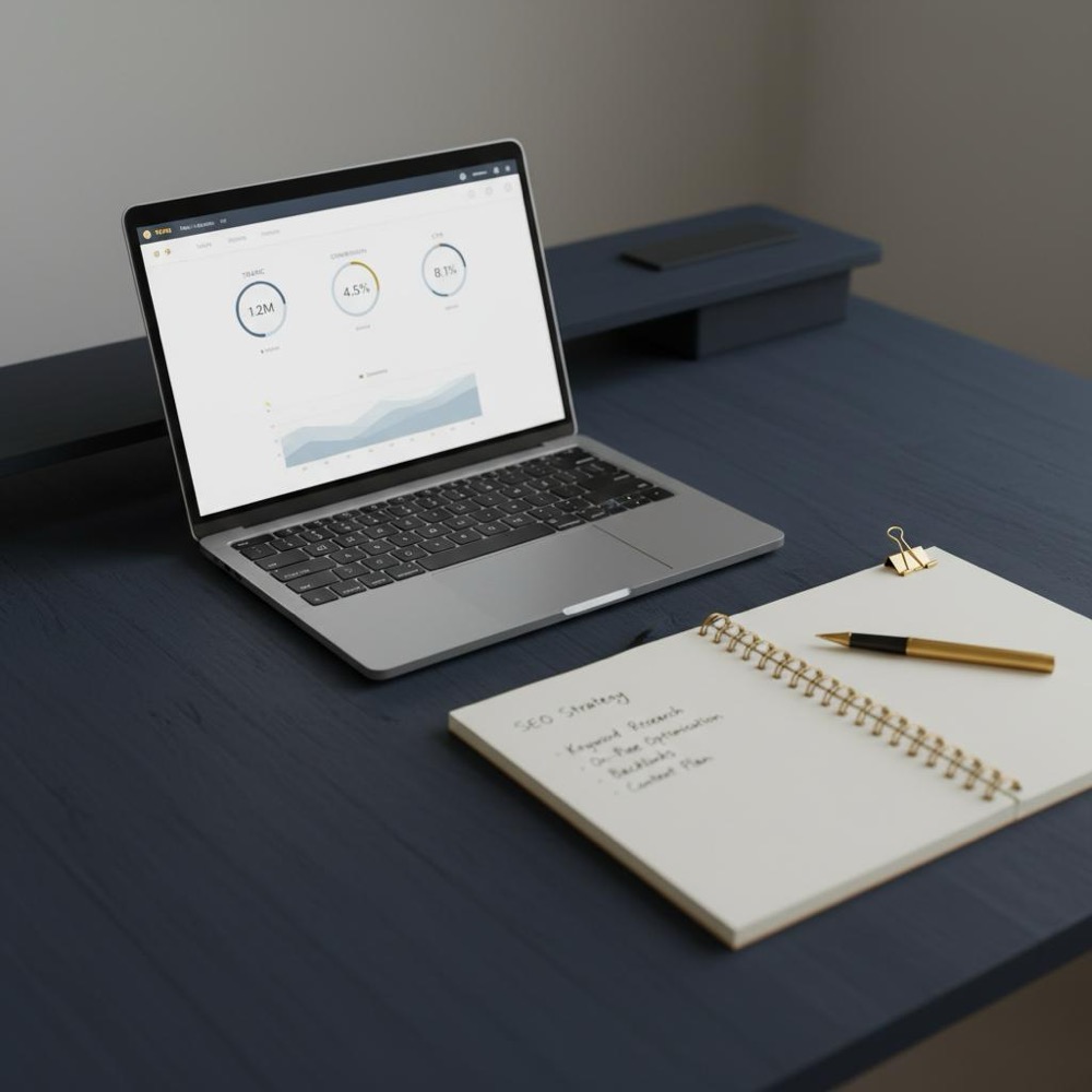 Minimalist modern workspace with laptop showing analytics dashboard and notepad with SEO notes, navy background and warm gold accents illustrating seo cost