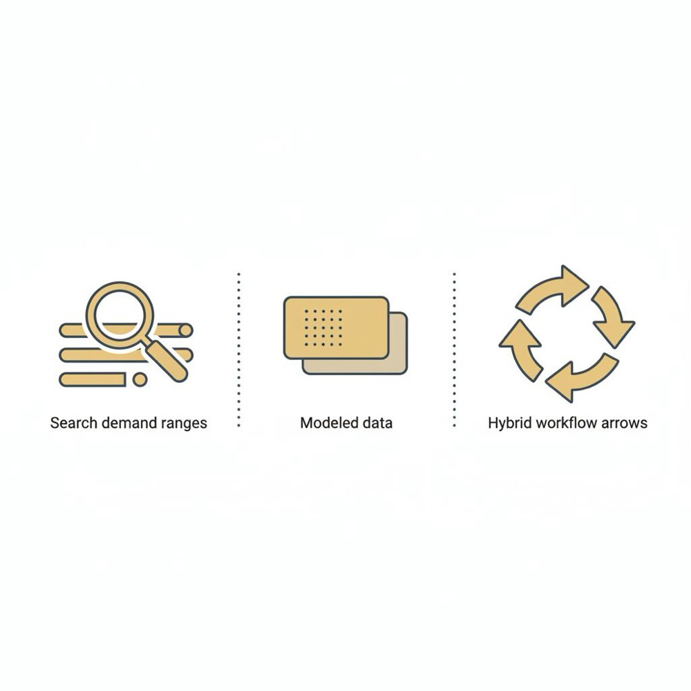 Minimal 2D vector infographic showing search demand ranges, modeled data, and hybrid workflow icons for Semrush vs Google Keyword Planner in Orvus Ltd. palette.