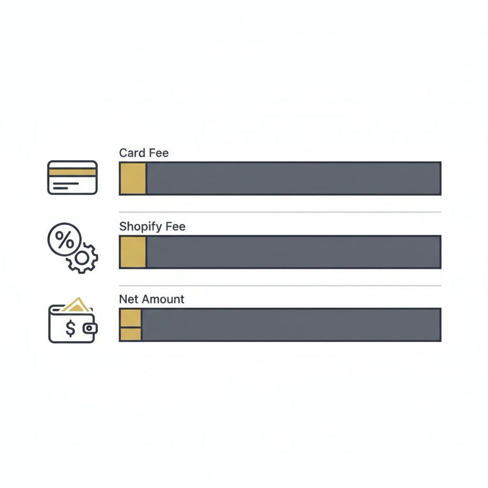 Minimal 2D vector infographic showing a three-part horizontal bar breakdown with icons to illustrate card fee, Shopify fee, and net for a $100 sale in Orvus Ltd. colors. How much does Shopify take from a $100 sale?