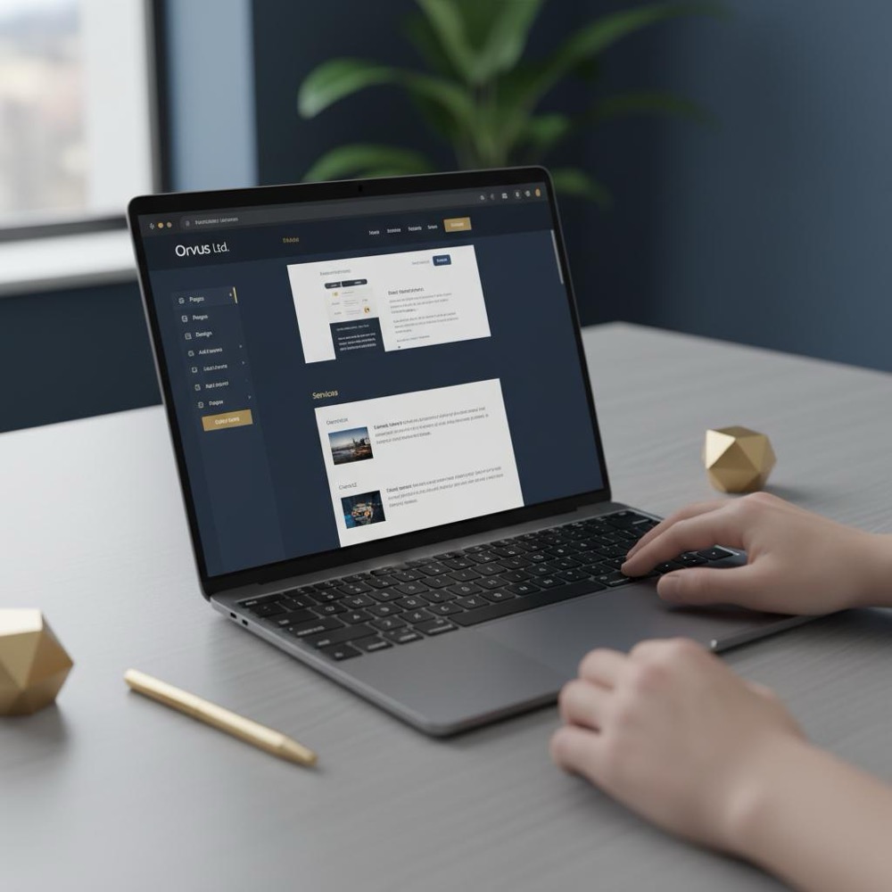 Is SEO free on Wix: minimalist workspace photo of a laptop with the Wix editor, deep navy #0B1E33 background, gold #C8A45D accents, blurred hands, no faces.