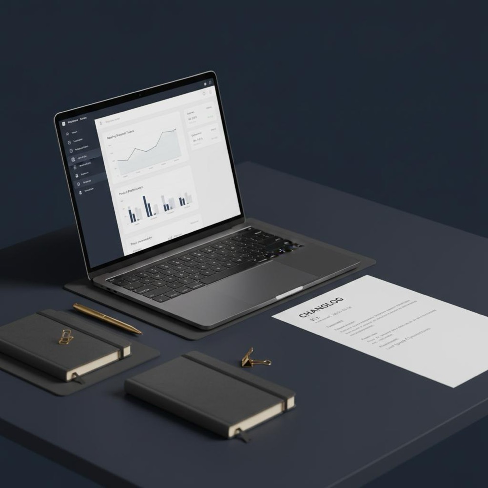 Minimal workspace with laptop showing analytics dashboard and printed changelog on navy desk with gold accents, brand styling - how do I teach myself SEO