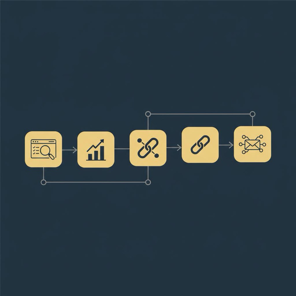 Minimal 2D vector infographic of four connected tiles for auditor, rank tracker, backlink research and outreach manager, styled for SEO PowerSuite on a #0B1E33 background.
