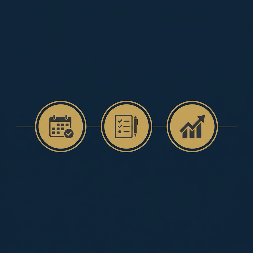 Minimal 2D vector timeline infographic with three milestone icons representing a 30 to 90 day checklist on deep navy background improve seo
