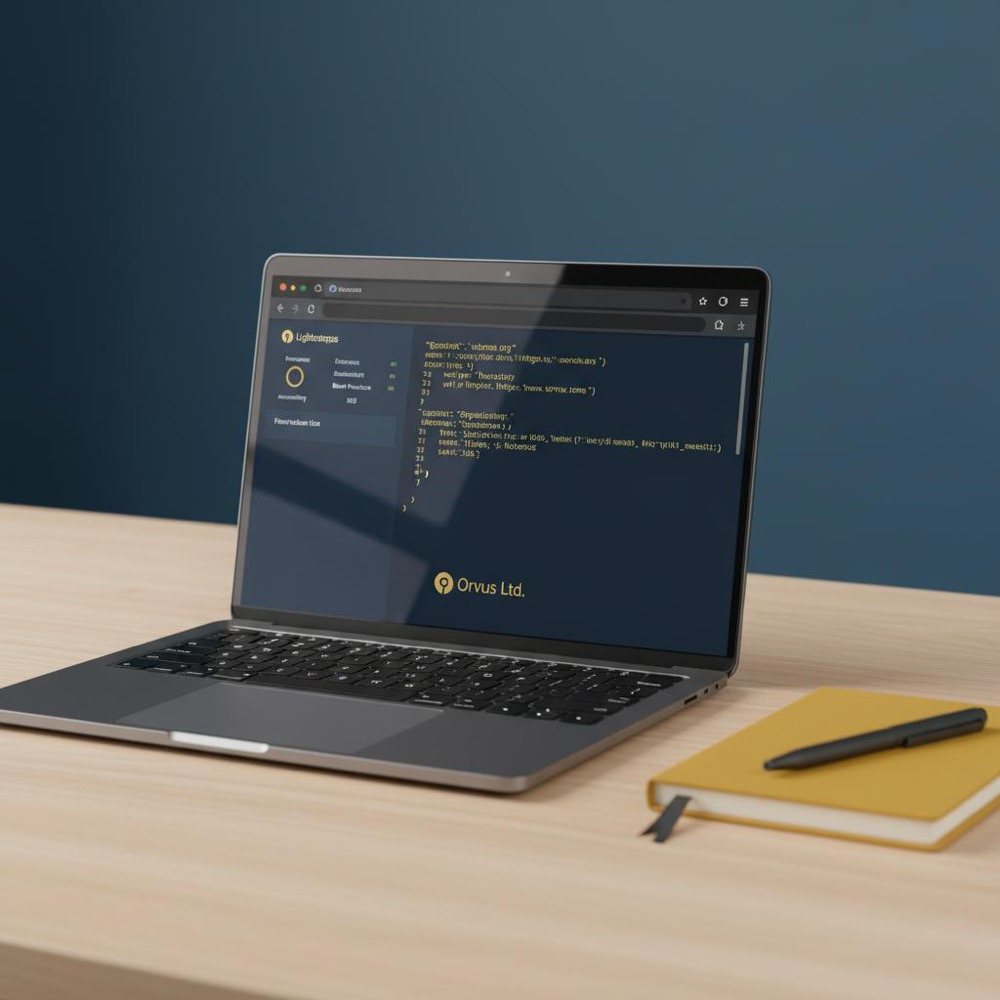 Minimalist workspace with laptop showing Chrome Lighthouse report and browser structured data output in Orvus Ltd colors, optimized for best wordpress seo plugin