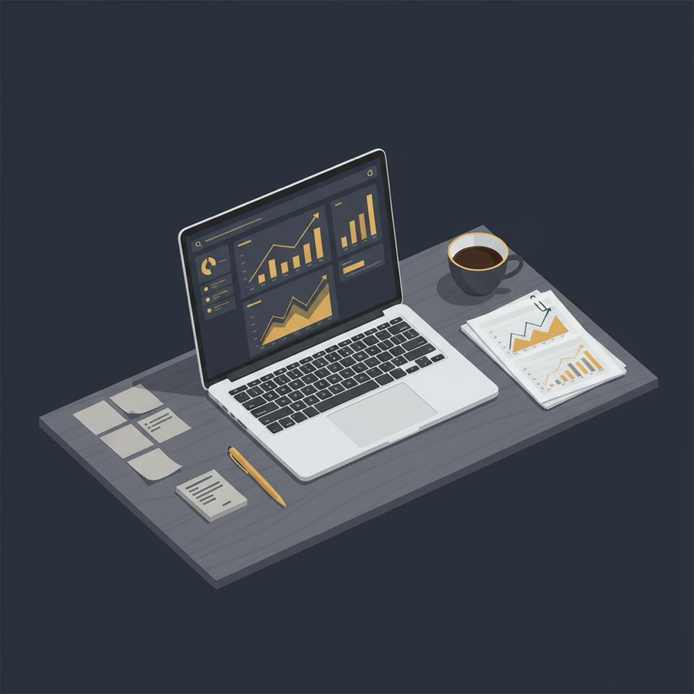 how do seos make money - minimalist workspace illustration with laptop showing traffic growth charts, sticky notes, deep navy #0B1E33 background and gold #C8A45D accents