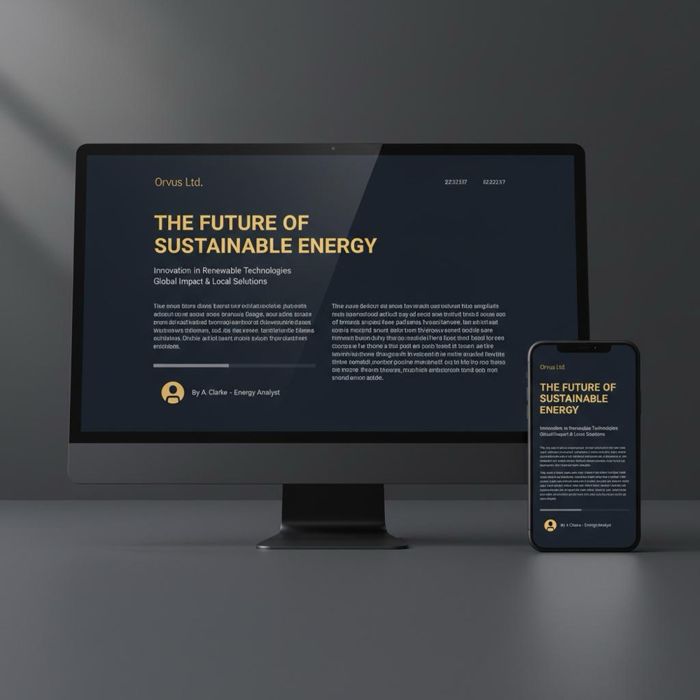 Desktop and mobile screens showing a tidy article page with clear headings and a visible author bio in Orvus Ltd. brand colors, optimized for on-page SEO.