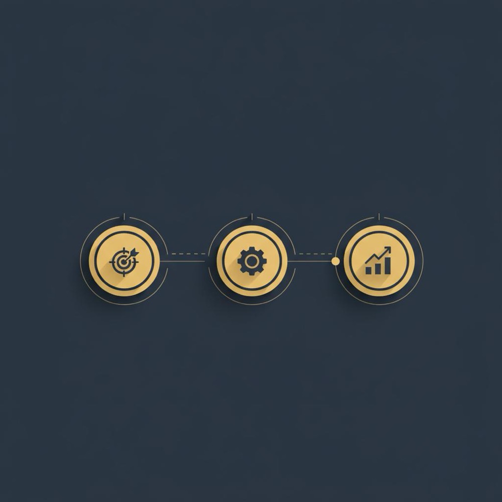 Minimal 2D vector infographic of a 90-day three-phase horizontal timeline with strategy, implementation, and growth icons on a #0B1E33 background - off-site SEO