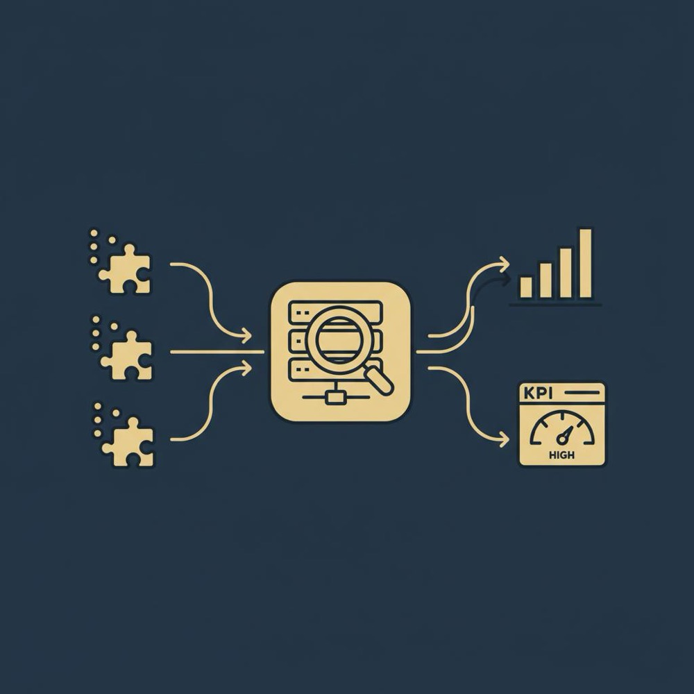 Minimal vector infographic visualizing plugin-generated signals flowing into search engines, then into analytics and business metrics, using Orvus palette - aio vs seo