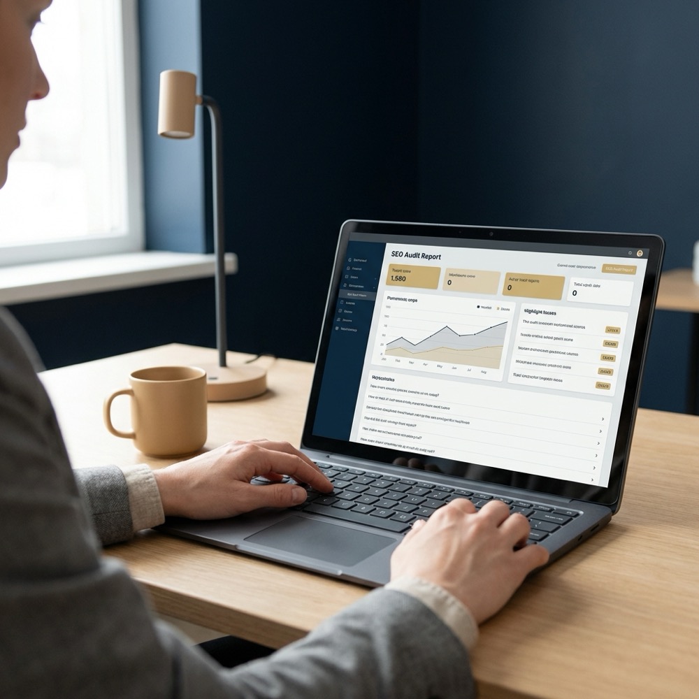 seo consultant reviewing an SEO audit report on a laptop in a minimalist navy office with beige accents hands on keyboard and clear report details visible