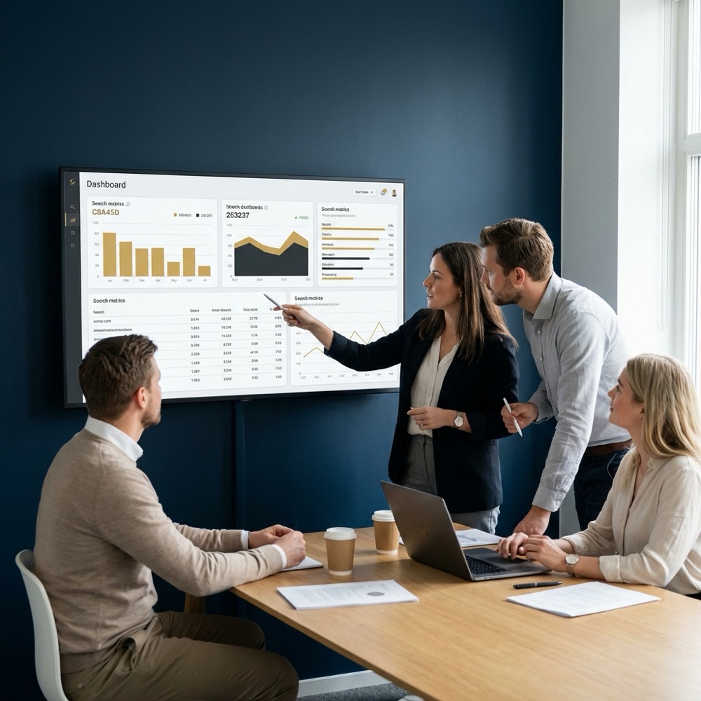 Marketing operations team analyzing dashboards and search reports on a large screen in a minimalist navy office for search engine ranking insights