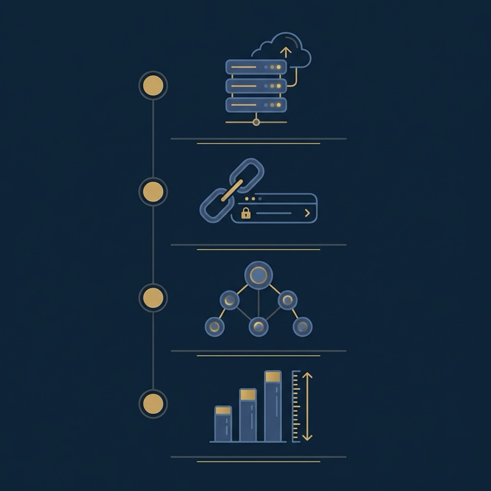 Minimalist vector infographic showing a four item platform selection checklist with icons for hosting url schema and measurement on dark blue background magento seo