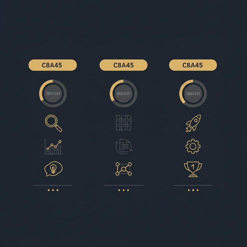 Minimal 2D vector three-column 30/60/90 plan infographic on dark navy background with gold heading bars and simple icons - how to get really good at SEO
