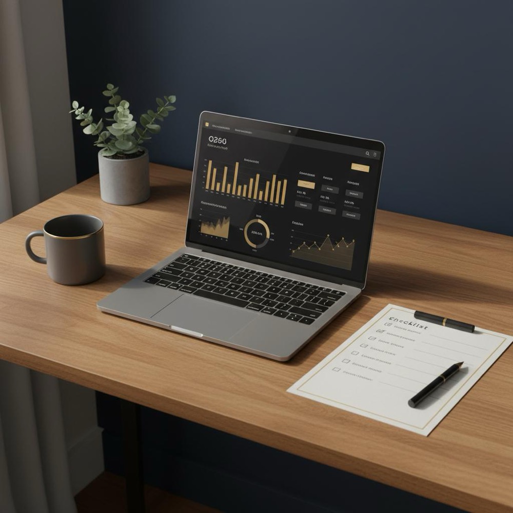 Tidy minimalist workspace with laptop showing analytics dashboards and a printed checklist, natural light and Orvus Ltd. color accents - SEO expert