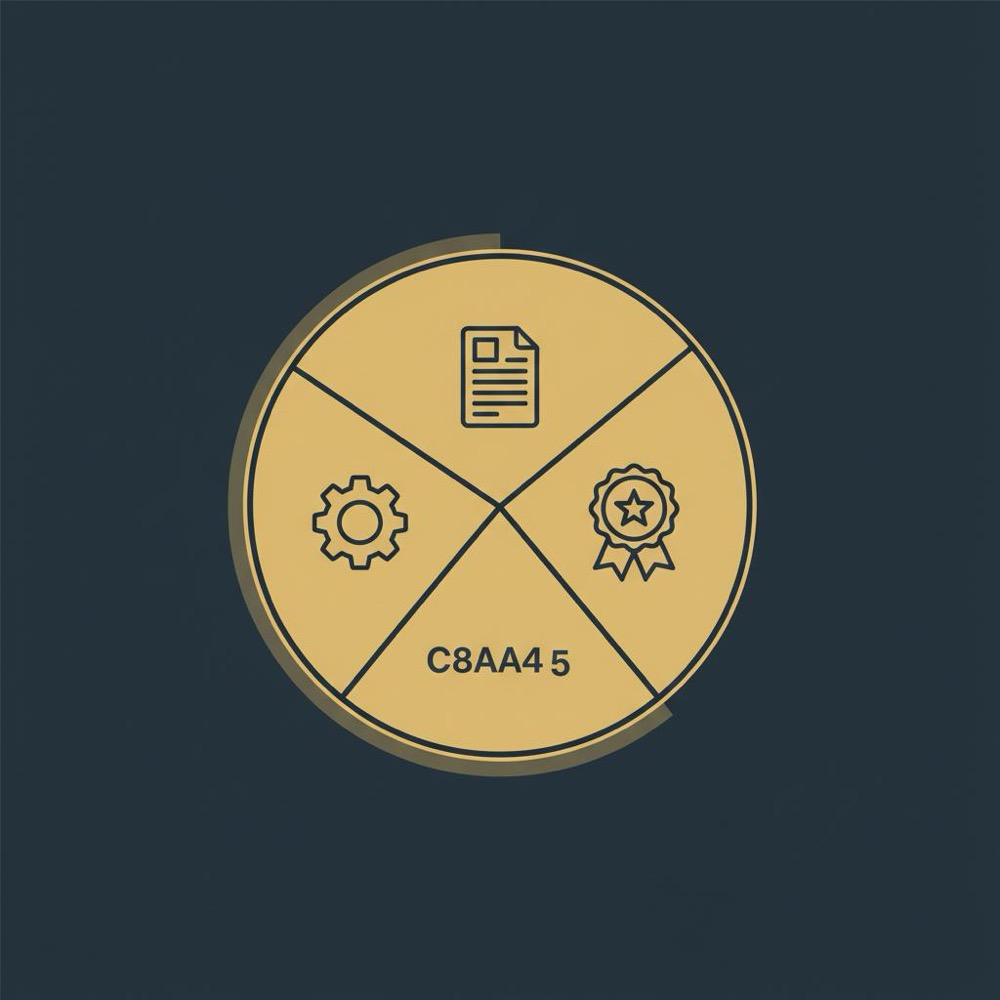 Minimal 2D vector infographic of a three-segment SEO score meter with gear, document, and badge icons on dark blue background #0B1E33 using Orvus Ltd. brand colors to show Technical, Content, and Authority components of SEO score.
