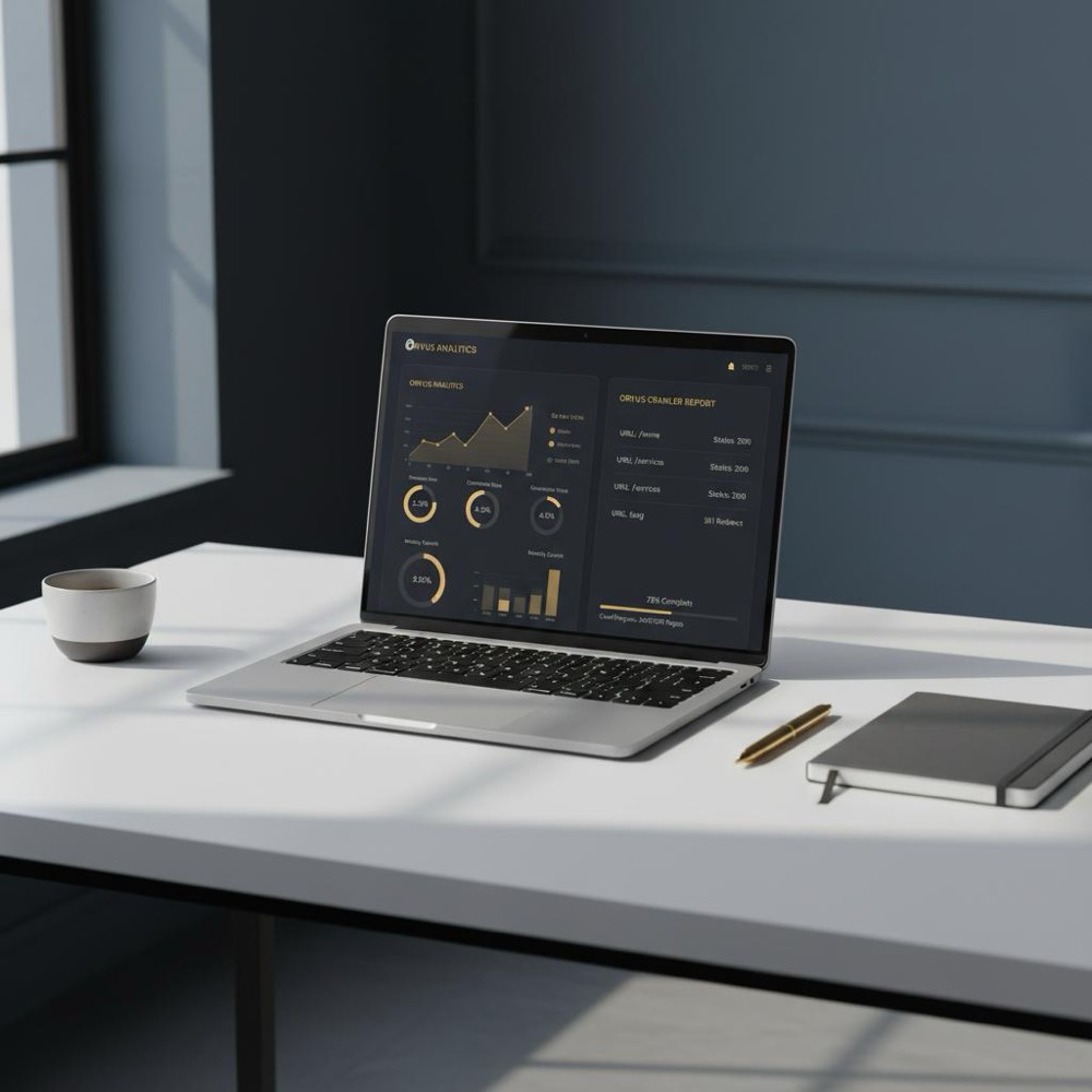 Minimalist laptop workspace showing analytics dashboards and a site crawler report on screen for marketing and SEO, natural daylight and Orvus Ltd brand colors #0B1E33 and #C8A45D.