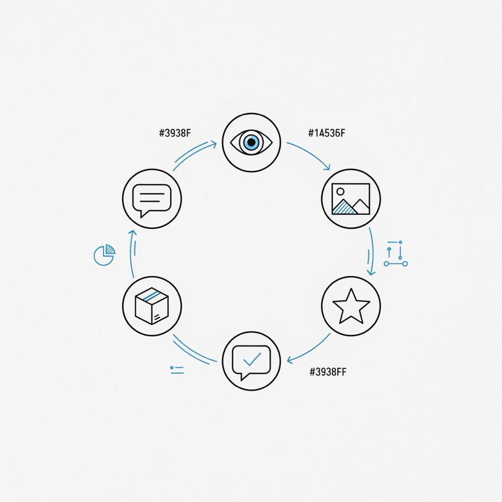 Minimalist vector notebook sketch of seven icons in a loose circle representing the rule of 7 in branding, with #39383f strokes and #1a5bfb accent connectors on white background