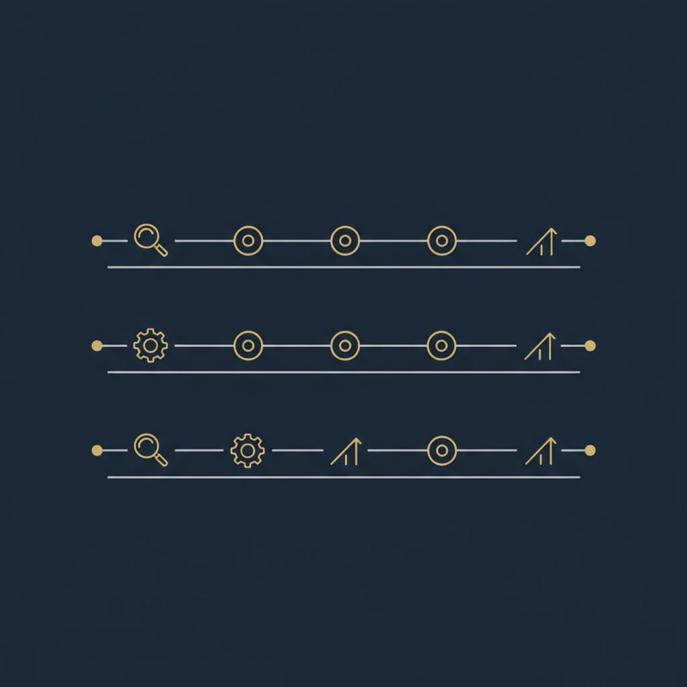 Minimal 2D vector infographic with three horizontal timelines and milestone icons (3, 6, 12 months) in Orvus Ltd. palette illustrating stages of best SEO service