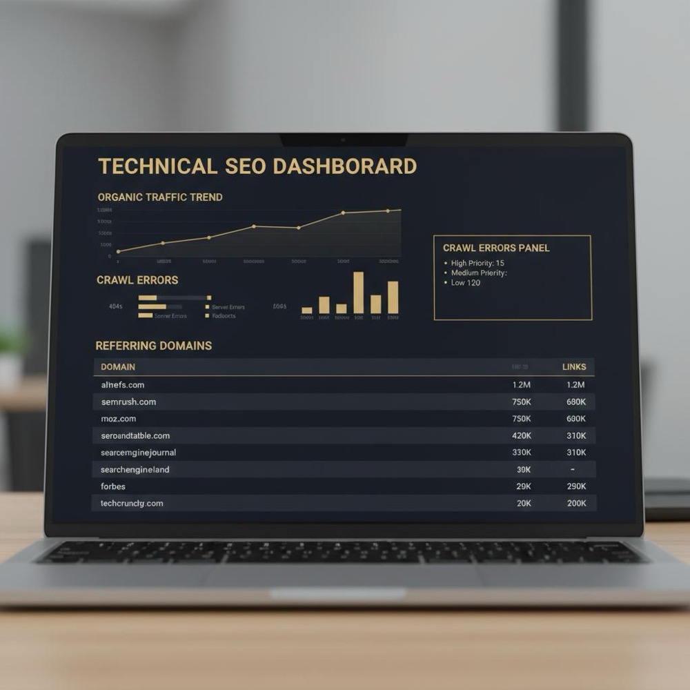 Close-up laptop screen showing a technical SEO dashboard with charts and referring domains table in Orvus Ltd. colors, minimalist layout emphasizing pagerank metrics.