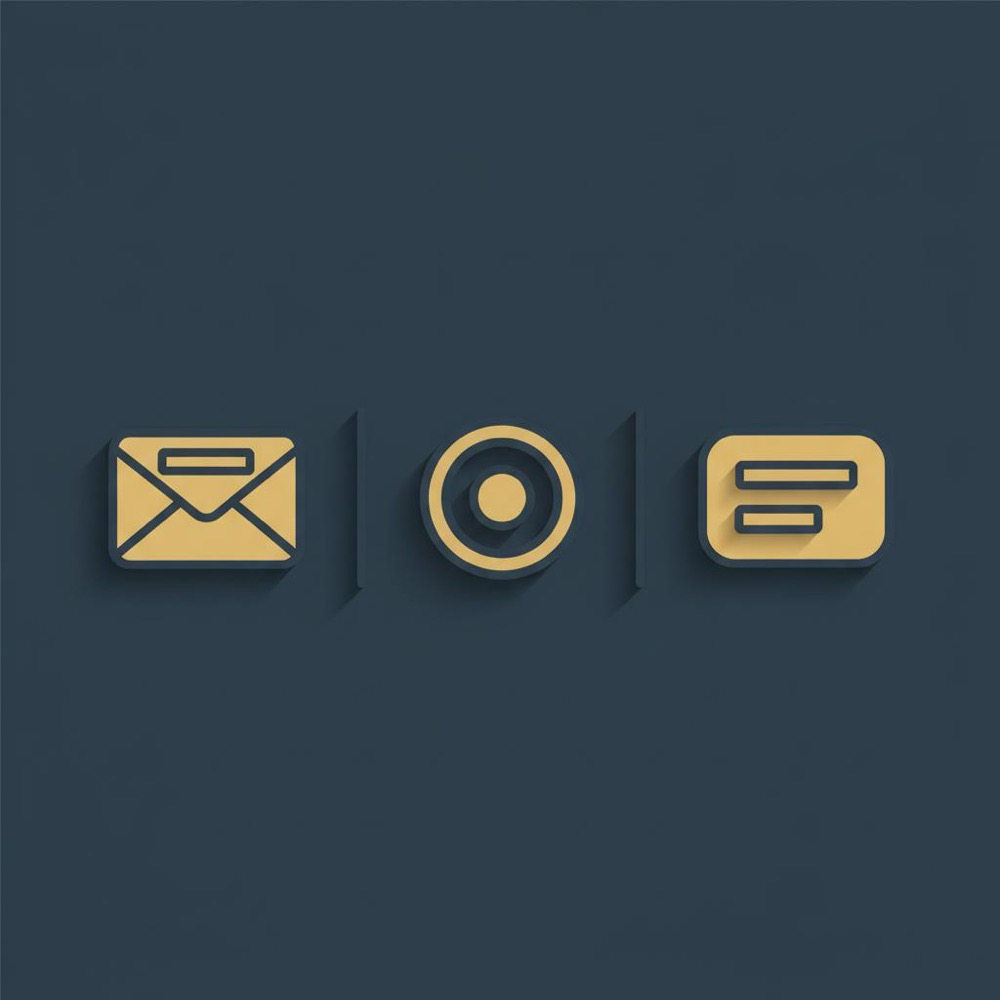 Minimal 2D vector checklist infographic with three icons (subject line envelope, one-action tap, two stacked lines) on dark blue background - visual guide for 7 C's of email writing.
