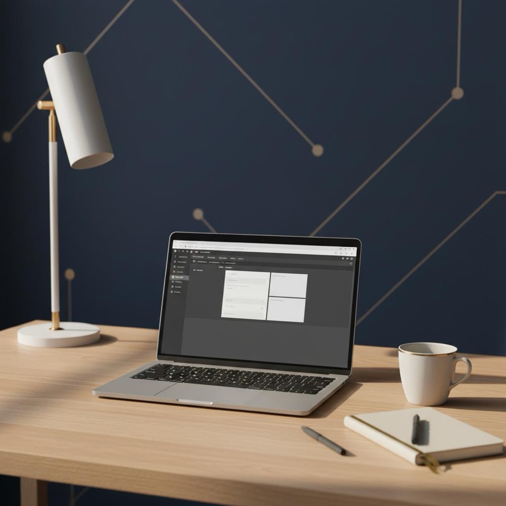 Minimalist home office desk with laptop showing a blog editor, coffee cup and notebook on a navy background with gold accents - best platform for blogging