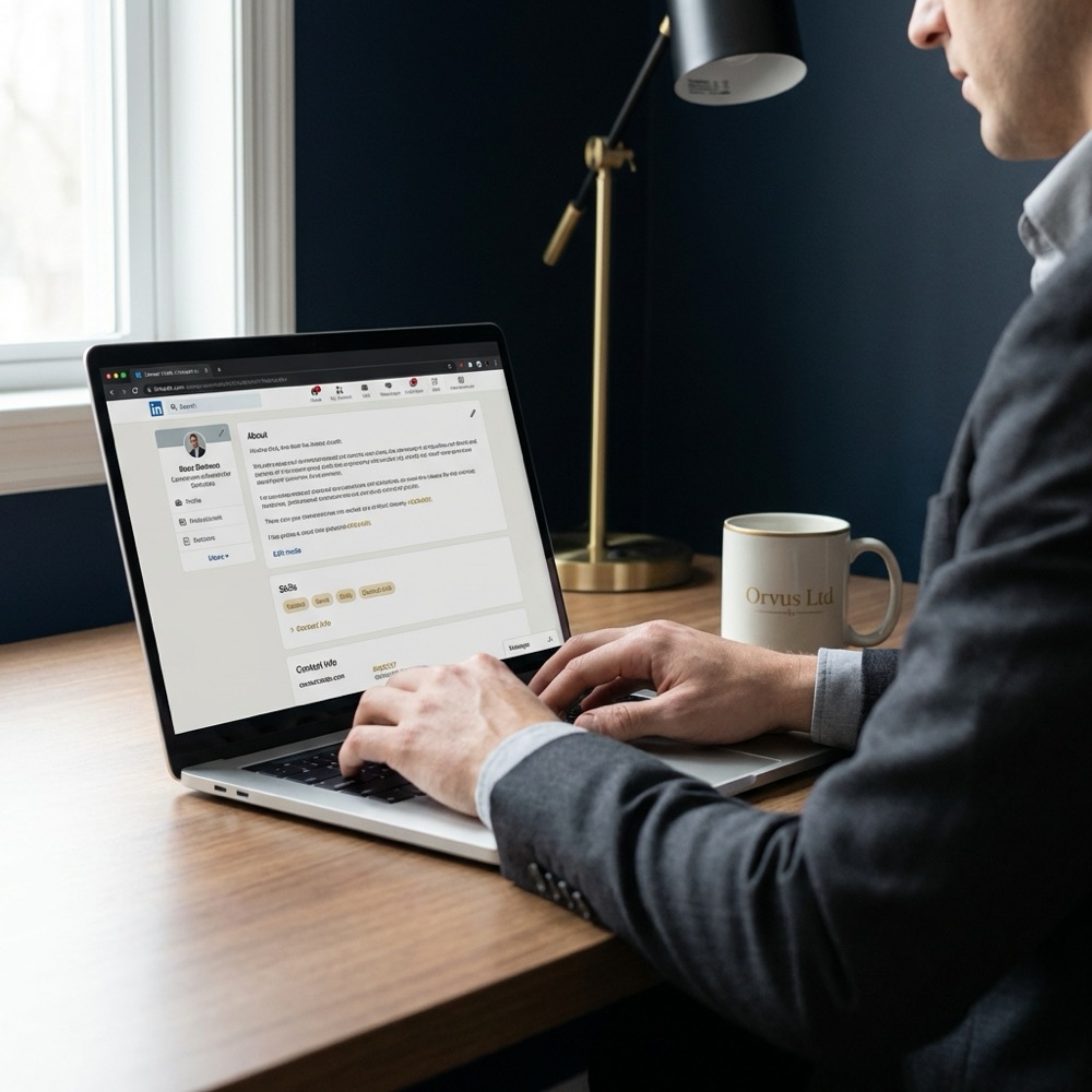 Person editing their linkedin bio on a laptop with the About section visible minimalist desk deep navy background and Orvus Ltd gold accents