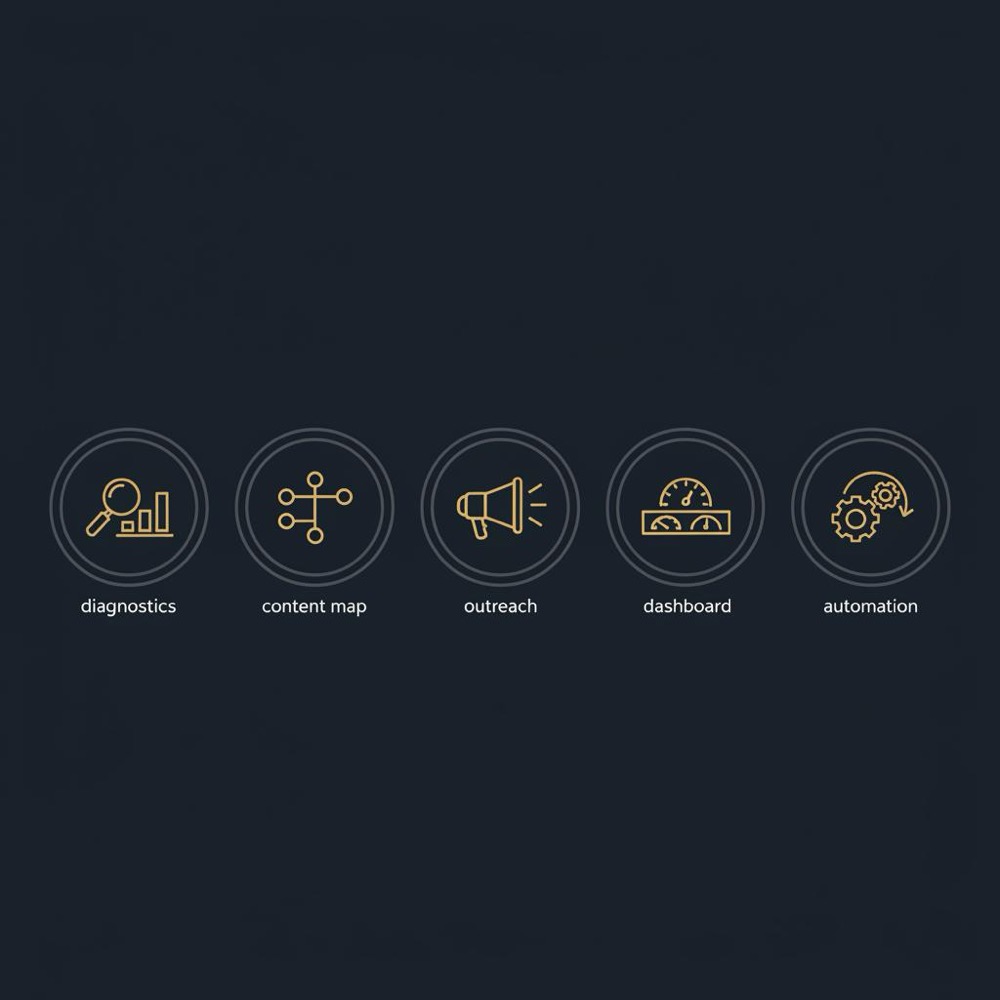 Minimal 2D vector infographic for seo agency services showing five flat icons for diagnostics content map outreach dashboard and automation on dark blue background