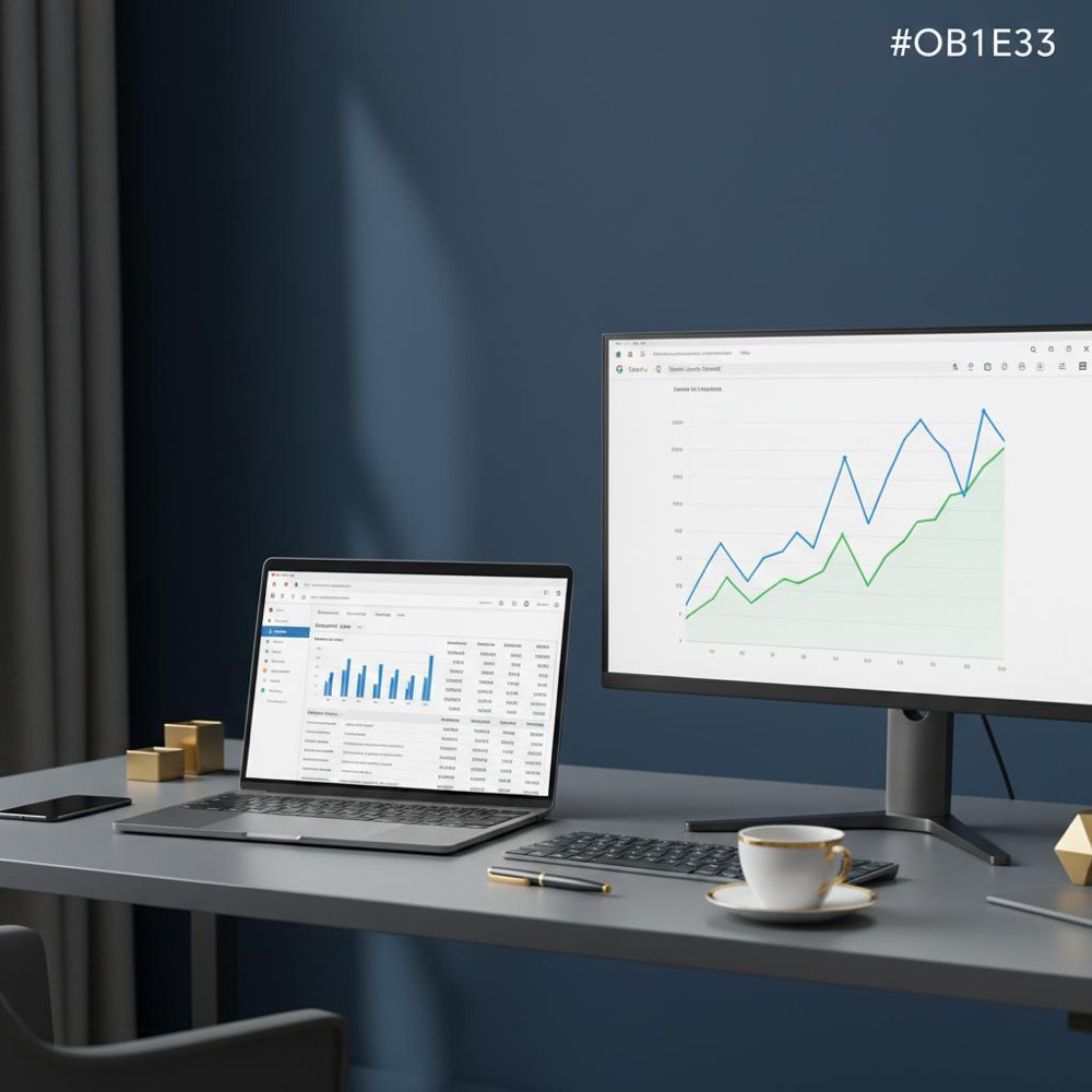 Office desk with laptop showing a site audit and keyword-gap spreadsheet, second monitor with Search Console graphs, navy background and gold accents, SEO competitor analysis