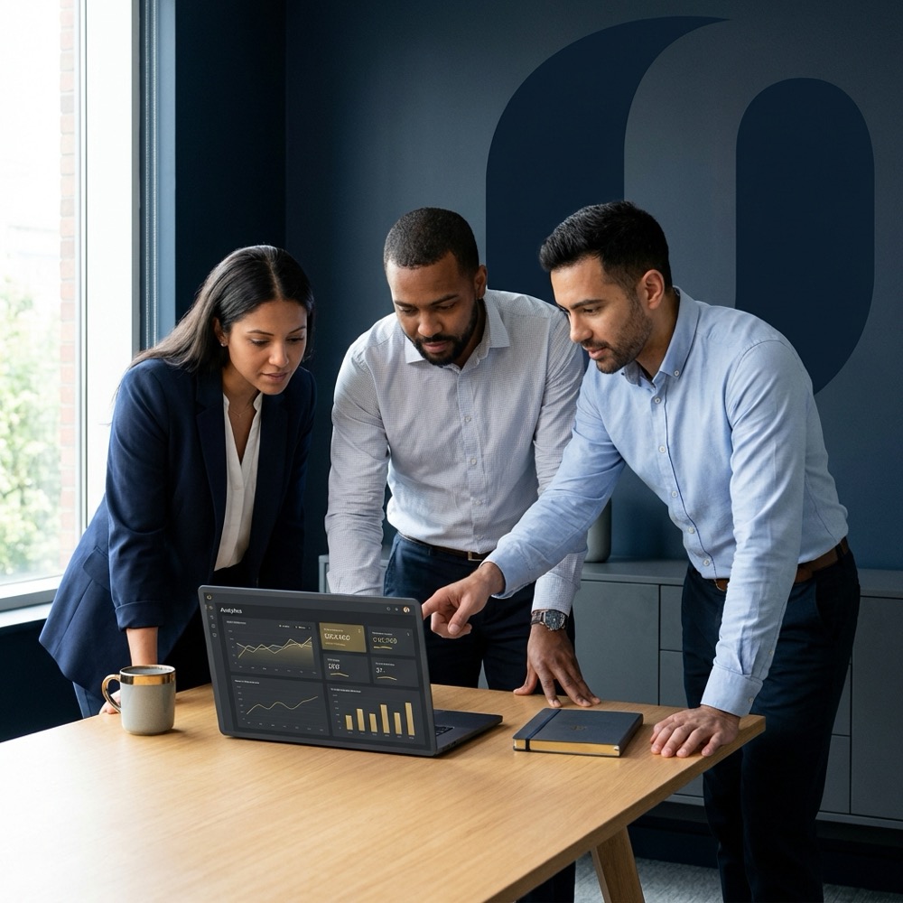 Small team reviewing website analytics on a laptop in a minimalist office with navy and gold brand colors focusing on shopify seo performance