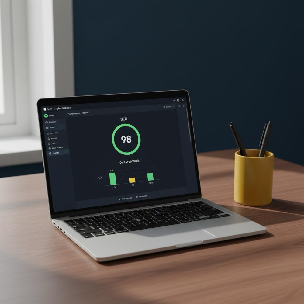 Open laptop on a clean desk showing a Lighthouse report with SEO score and Core Web Vitals chart, minimalist dark-themed scene with a #C8A45D desk accent.