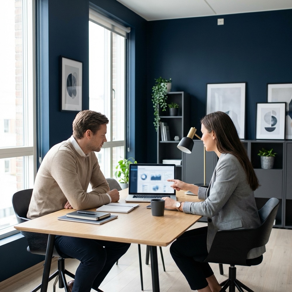 Minimalist modern SEO agency office interior with laptop showing analytics two collaborators navy background and warm gold accents seo company near me