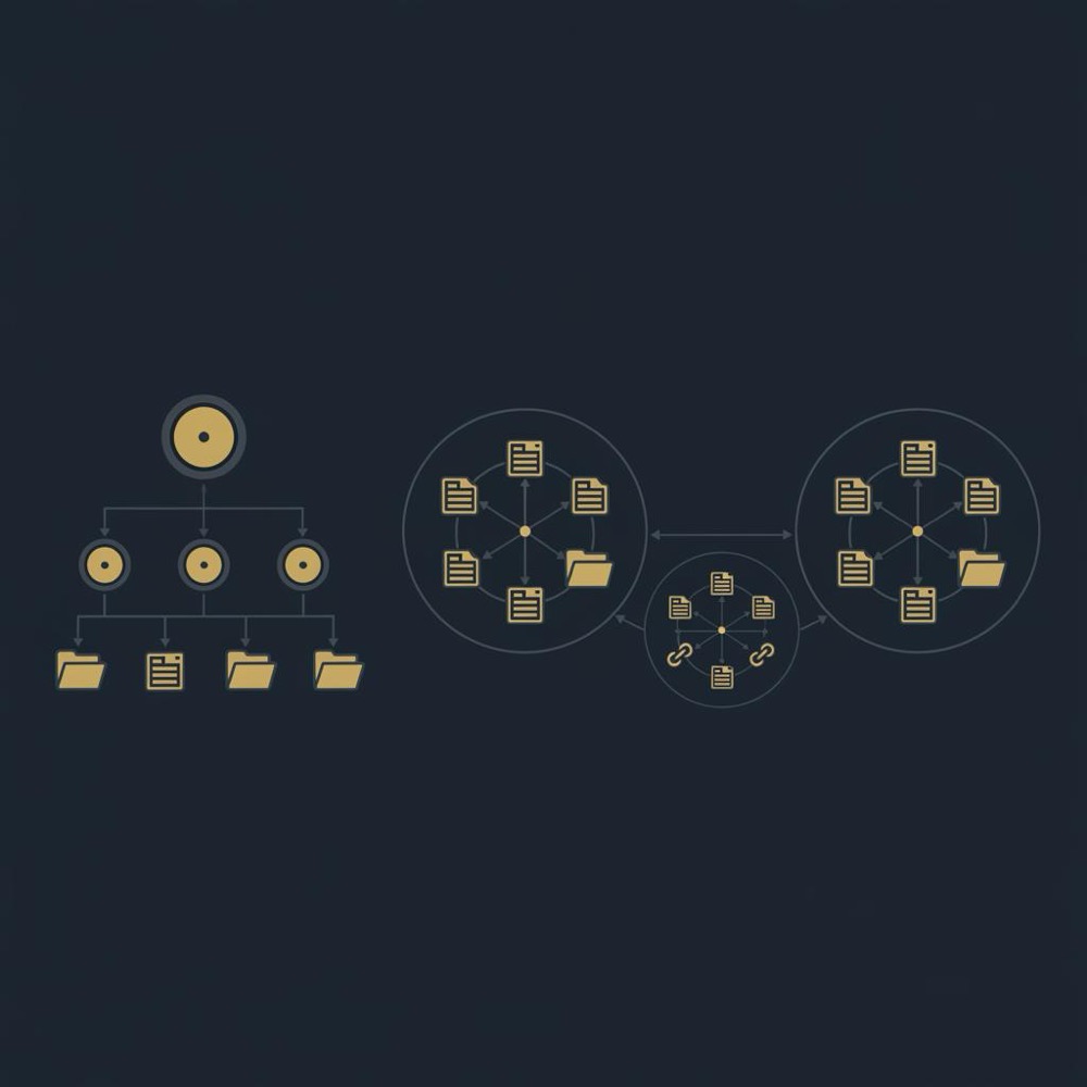 Minimal 2D vector infographic on dark navy background showing a sitemap and grouped content clusters in Orvus brand colors for SEO for real estate.