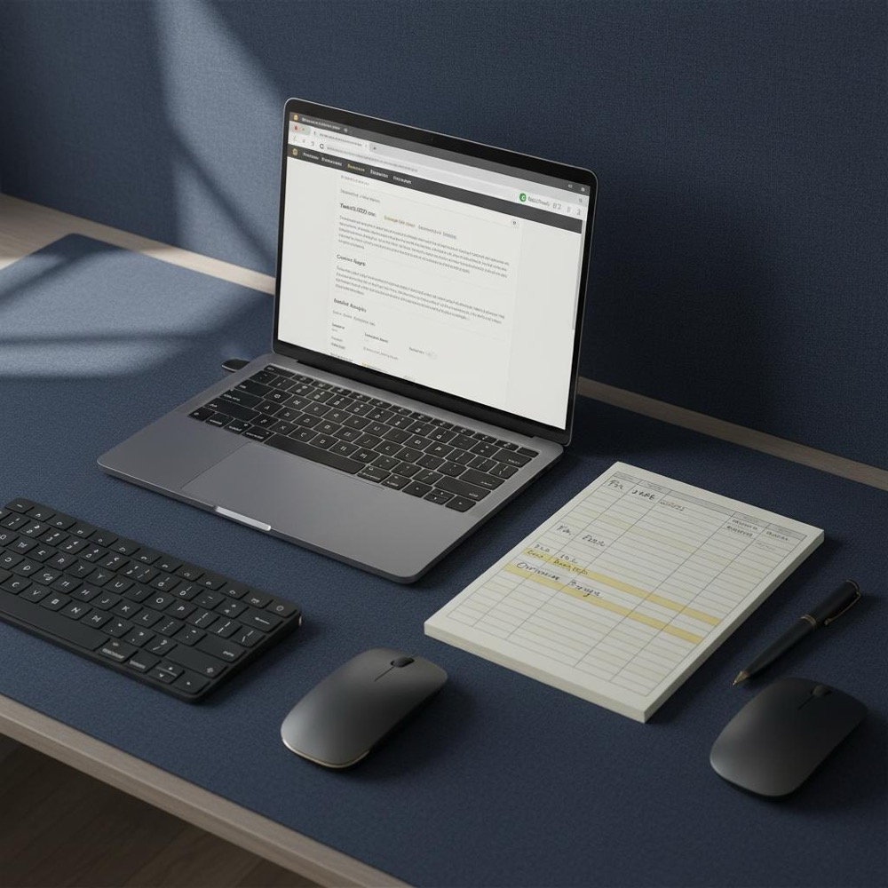 Minimalist desktop with open site-audit report, browser showing MozBar and MozRank metric, and spreadsheet notes; Orvus Ltd. color accents #0B1E33 and #C8A45D.
