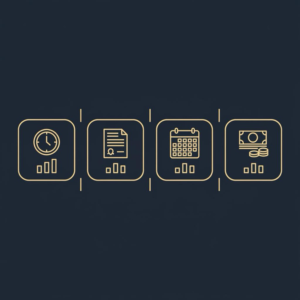 Minimal 2D vector infographic of four pricing model icons (clock, contract, calendar, money) on dark blue Orvus-branded background with gold accents, seo salary 2025