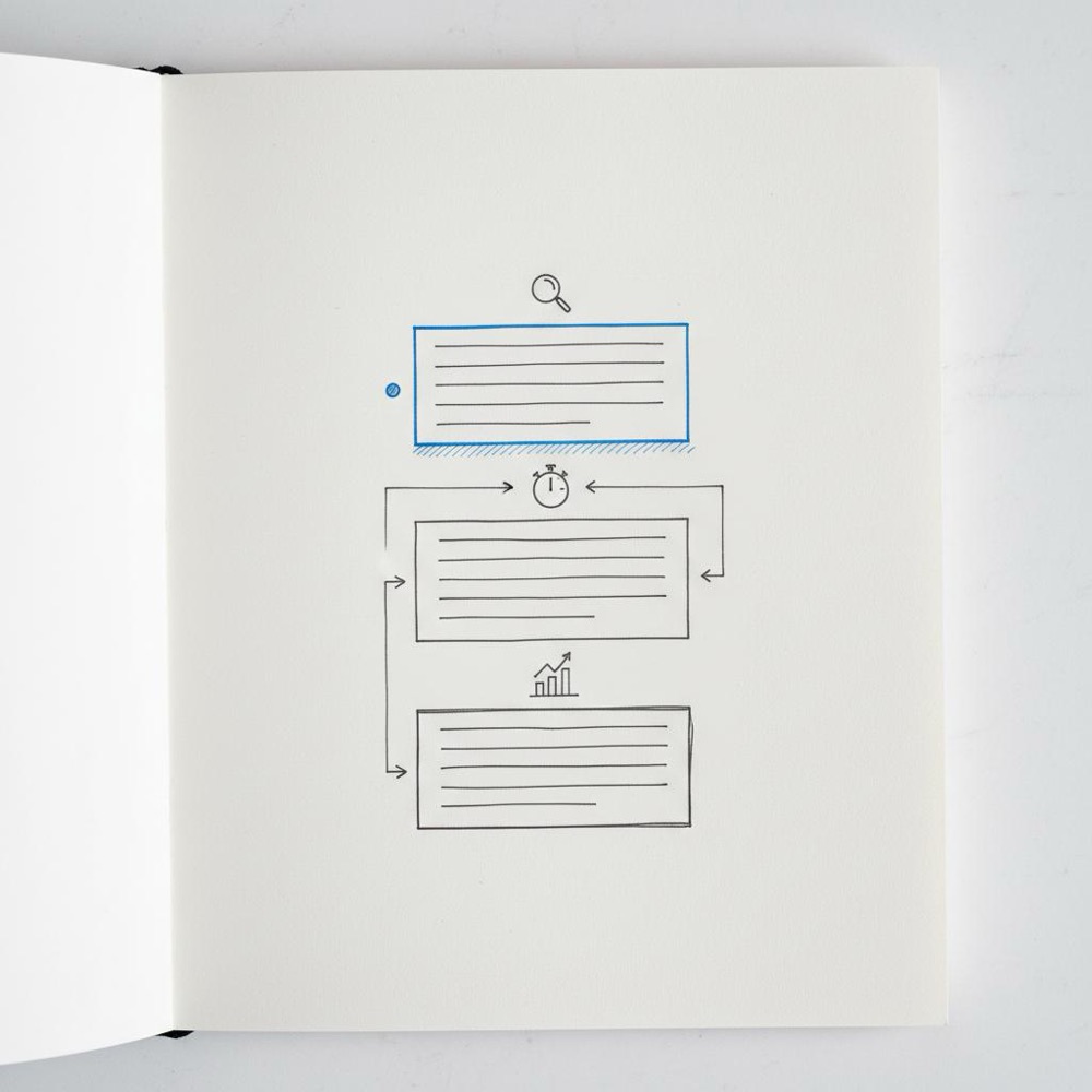 Close-up minimalist notebook sketch of a prioritized audit checklist with the top item highlighted in blue, hand-drawn arrows and icons for a top 1 agency.