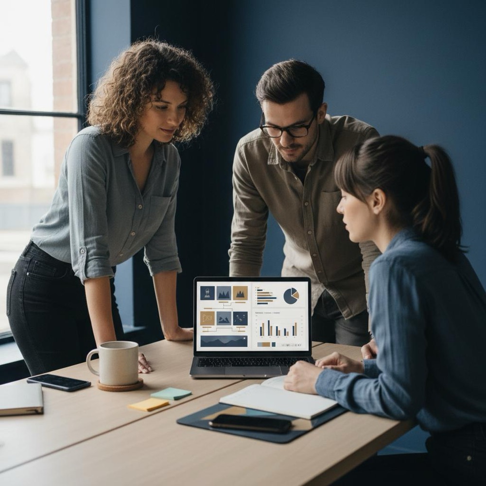 Small team reviewing content map and analytics dashboard on a laptop in a minimalist workspace with natural light and SEO-focused brand accents #C8A45D