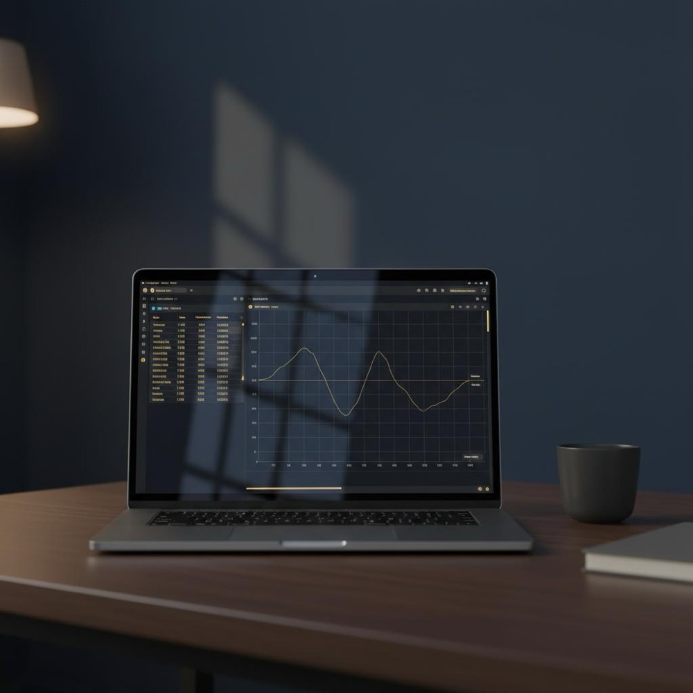 Laptop on dark tabletop showing pandas DataFrame and matplotlib time-series plot in Orvus Ltd. colors, minimal workspace, no people - ChatGPT data analysis