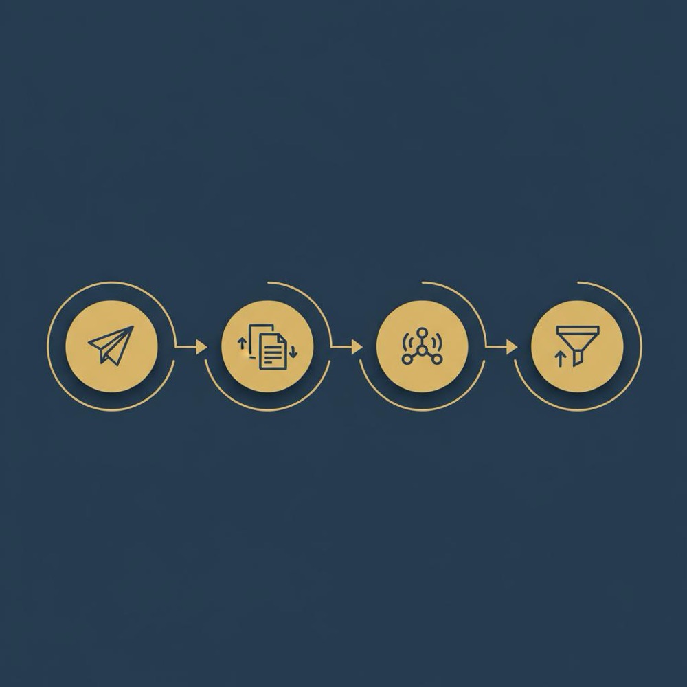 Minimal 2D vector workflow infographic showing four icons (publish, repurpose, distribute, convert) connected by arrows on a dark blue background - alternatives to blogging